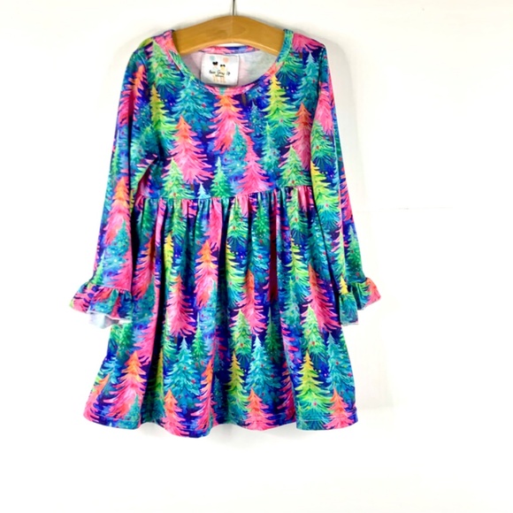 Girls Christmas Tree velour Pink princess multicolored festive flare top dresses - Picture 7 of 16